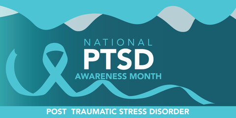 PTSD Awareness Month. National Post Traumatic Stress Disorder Month in June. Vector banner, poster, card for social media. The horizontal composition. Takes place in the United States.
