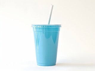 A blue plastic cup with a white straw. - obrazy, fototapety, plakaty