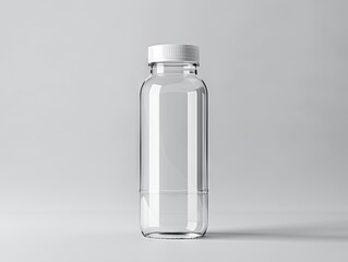 A clear plastic bottle with white lid on a gray surface. - obrazy, fototapety, plakaty