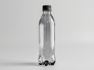 A clear plastic bottle with black cap on a white surface. - obrazy, fototapety, plakaty
