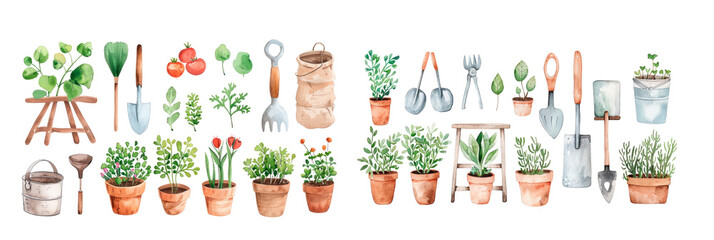 Set of Watercolor garden tools, Gardening icons, isolated on transparent background