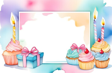 Happy birthday watercolor background. Frame with cupcakes and gift box with copy space.