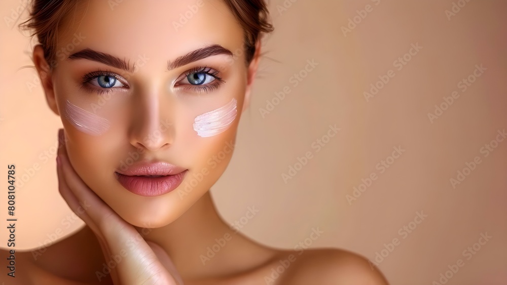 Wall mural clear-skinned young woman on beige background: beauty and skincare concept. concept beauty, skincare