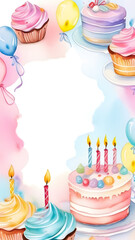 Happy birthday watercolor background. Frame with cupcakes with copy space. Vertical illustration