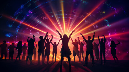 A group of friends dancing in a circle, silhouetted against the colorful lights of a music festival...