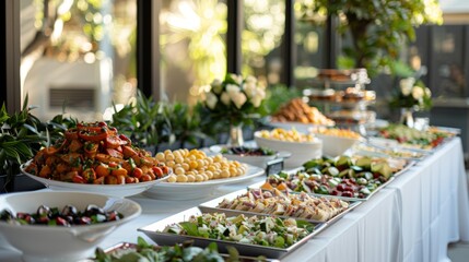 elegant buffet setup, elegantly arrange a variety of dishes on long tables covered in white tablecloths for an inviting and stylish buffet setup at your special event
