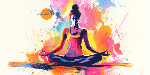 Obraz premium Vibrant Yoga Meditation. A colorful artistic representation of a woman in a meditative yoga pose, surrounded by vibrant splashes of paint, symbolizing peace and creativity.