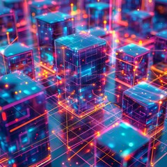 Blockchain network visualization, top angle, vibrant neon colors, digital world, hyper realistic, digital photography