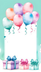 Festive watercolor background. Frame with balloons, gift boxes and confetti with copy space. Vertical illustration