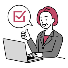 完了のサインをするノートパソコンで仕事をする年配のスーツの女性