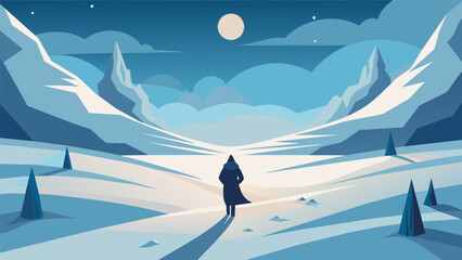 A snowy landscape with a lone figure peacefully walking through embodying the calm of stoicism in the face of harsh conditions.. Vector illustration