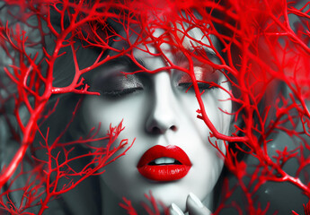 Beautiful woman face with red lipstick behind red coral branches