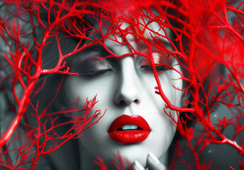 Fototapeta premium Beautiful woman face with red lipstick behind red coral branches