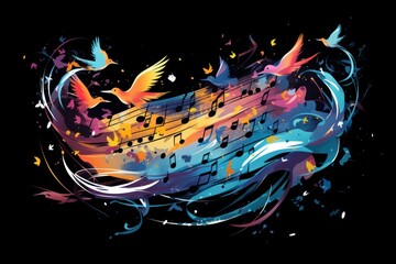 Flying musical notes and birds on a dark background, colorful bright illustration.  - obrazy, fototapety, plakaty