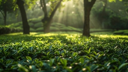 Fototapeta premium natures tranquil beauty, sunlight streams through the tea plantations dense foliage, casting a tranquil and picturesque dappled pattern on the ground