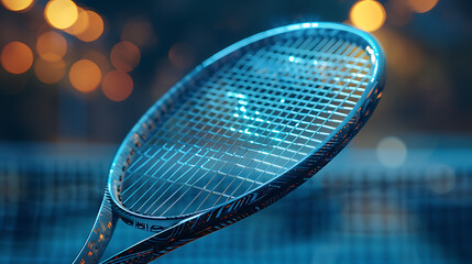 A closeup of Tennis racket, against Court as background, hyperrealistic sports accessory...