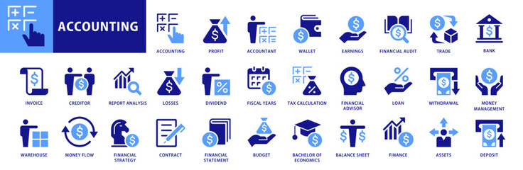 Accounting icon set. With Concepts like Money Management, Assets, Trade, Bank, Earnings, Dividend, Wallet, Accountant and Report Analysis icons. Two Tones Flat Style Icon collection