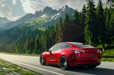 Fototapeta premium red EV (Electric Vehicle) driving on the road