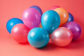 Group of colorful festive matte balloons on pink pastel background.