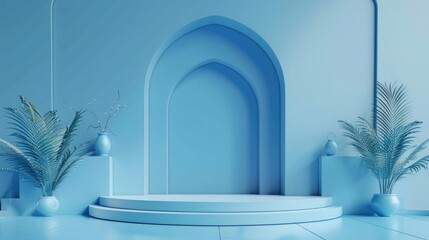 3d arched door podium with a blue background. scene with geometric backdrop. islamic podium banner...