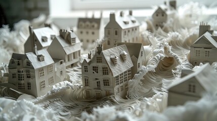 A papercut diorama of a coastal town during a high tide event, with water spilling into streets and homes.