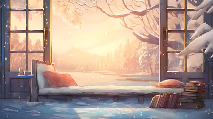Illustrate a watercolor background of a quiet reading nook with a view of a snowy landscape outside the window