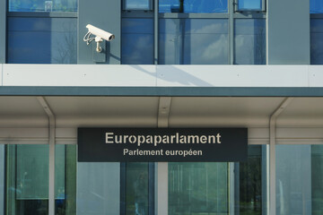  Citiscape view in the modern area of Luxembourg with Parliament and a security camera.