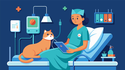 A patient in a hospital bed surrounded by machines and unfamiliar sounds suddenly lighting up as a trained therapy cat jumps onto their lap providing.
