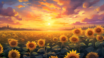 Illustrate a watercolor background of a sunflower field at sunset, with the flowers turning towards the last light