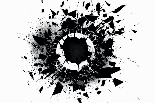 Exploding wall with free area on center. Dark destruction cracked hole in white stone wall. 3d render illustration
