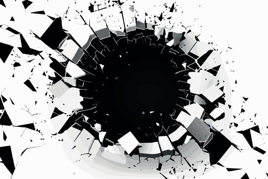Exploding wall with free area on center. Dark destruction cracked hole in white stone wall. 3d render illustration