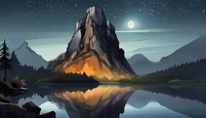 Rock mountain range with a large full moon is reflecting on the water. Serene and peaceful atmosphere