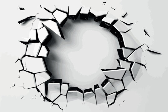 Exploding wall with free area on center. Dark destruction cracked hole in white stone wall. 3d render illustration