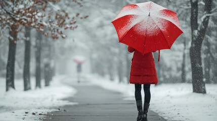 Obraz premium Girl with umbrella walking on the path. Standing turn back and row trees. Generative AI illustrations.