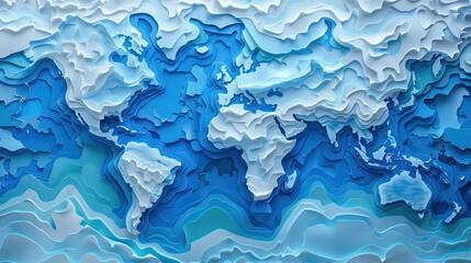 A papercut map of the world with certain areas submerged in blue paper, indicating regions affected by rising sea levels. - Powered by Adobe