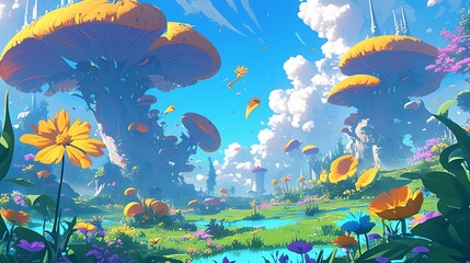 Fototapeta na wymiar A fantasy landscape with oversized flowers and towering mushrooms, inhabited by whimsical creatures.