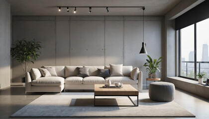Fototapeta premium Stylish Grey Loft Design Template with Concrete Wall, Copy Space, and Modern Furniture 