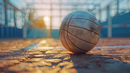 A closeup of Volleyball, against Court as background, hyperrealistic sports accessory photography,...