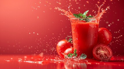 tomato juice splashes in mid-air against a bright red backdrop, capturing a vibrant and energizing drink concept