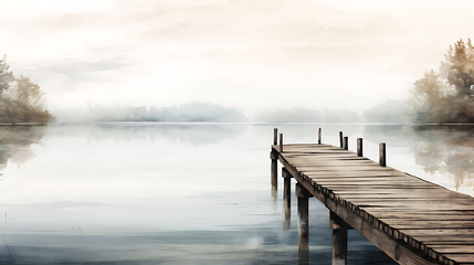 Fototapeta premium Illustrate a watercolor background of an old wooden pier extending into a calm lake