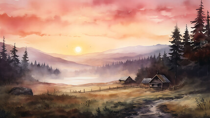 Illustrate a watercolor background of a peaceful morning in a mountain cabin, with the first light of dawn peeking through the trees