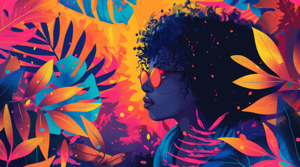 Naklejka premium A stylized illustration of a person with curly hair wearing sunglasses, set against a vibrant backdrop of tropical leaves in bold blue and orange hues.