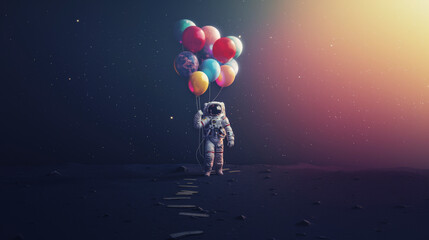 An astronaut on a desolate, lunar-like surface holding a bunch of colorful balloons beneath a star-speckled sky, suggesting a surreal or whimsical scenario.