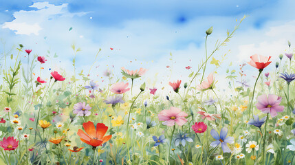 Illustrate a watercolor background of a wildflower meadow with a range of colorful blooms under a clear blue sky