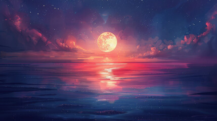 A tranquil digital artwork of a surreal seascape with a large, vivid moon rising above calm waters under a starry sky with purple and pink hues.