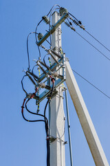 Electric pole with wires and cable connectors