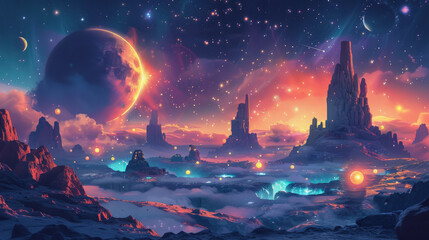 A fantastical alien landscape with towering rock formations, a glowing, misty atmosphere, and a large celestial body looming in the star-filled sky above.