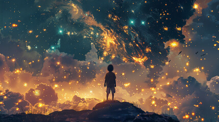 A child stands atop a hill gazing at a spectacular cosmic scene with stars, nebulae, and galaxies, reflecting a sense of wonder and adventure.