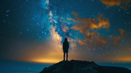 Fototapeta premium A person stands on a hilltop under a starry night sky, gazing at the vast Milky Way, with clouds illuminated by a distant city's glow.