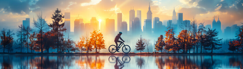 The picture shows a cyclist riding a bicycle on a city street with a beautiful sunset in the background. - obrazy, fototapety, plakaty